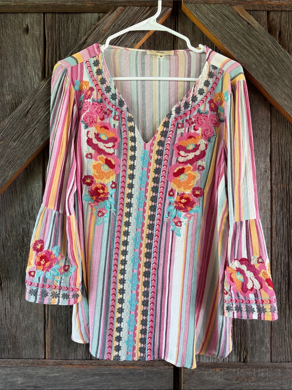 ANDREE BY UNIT Pink Multi-Stripe Embroidered V-Neck Tunic